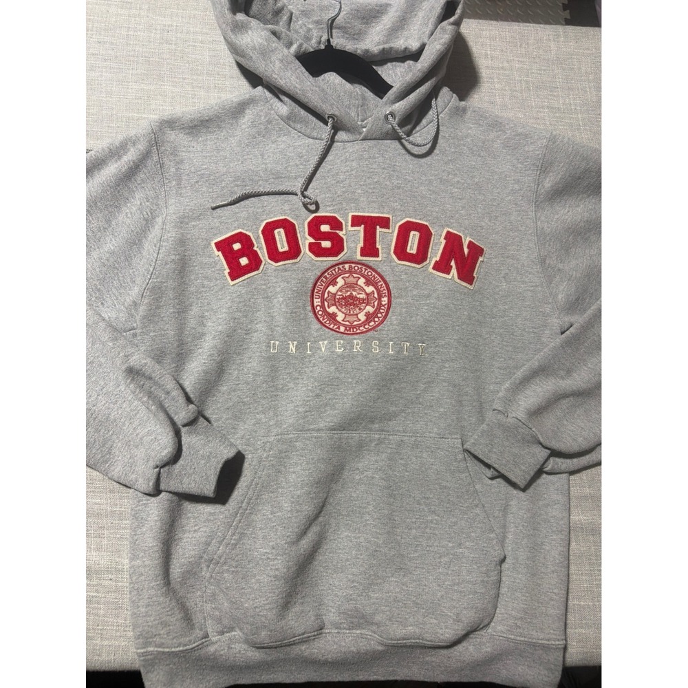Boston University Hoodie Mens Small Gray Red Chenille Collegiate BU Pullover